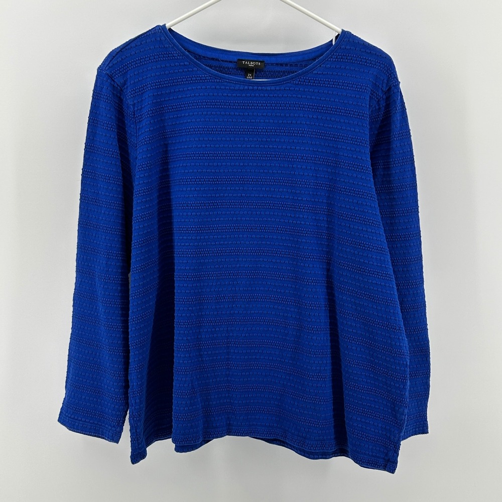 Talbots Cobalt Blue Textured Stripe Long Sleeve Cotton‎ Casual Everyday Top 2X